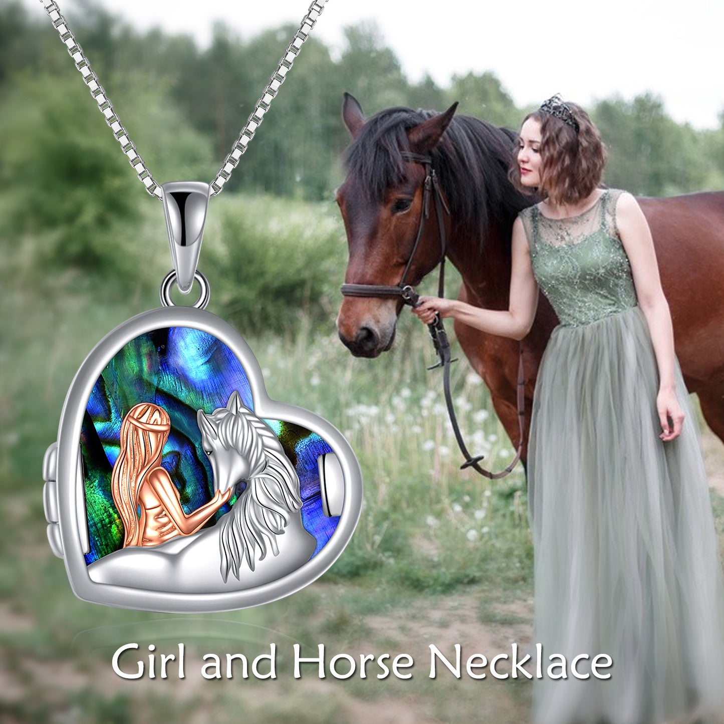 YFN Horse and Girl Abalone Shellfish Heart Sterling Silver Photo Locket Necklace (US only)
