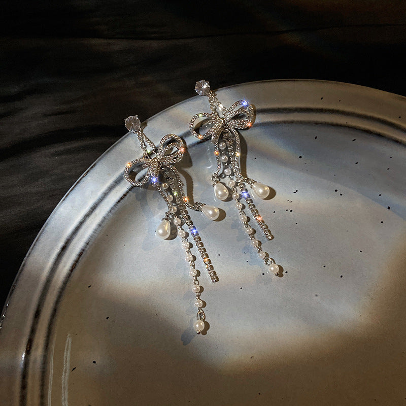 Zircon Bowknot Tassel Earrings European And American Exaggerated