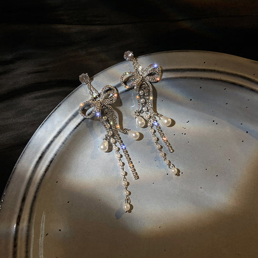 Zircon Bowknot Tassel Earrings European And American Exaggerated