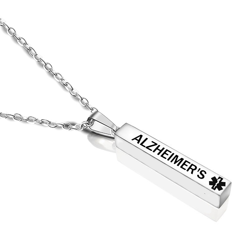 engraved medical alert stainless steel pillar pendant necklace alzheimer's