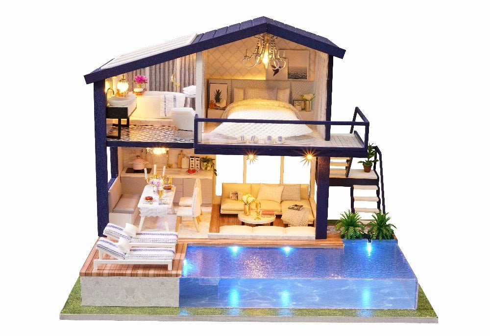 wooden furniture diy miniature dollhouse with deluxe pool