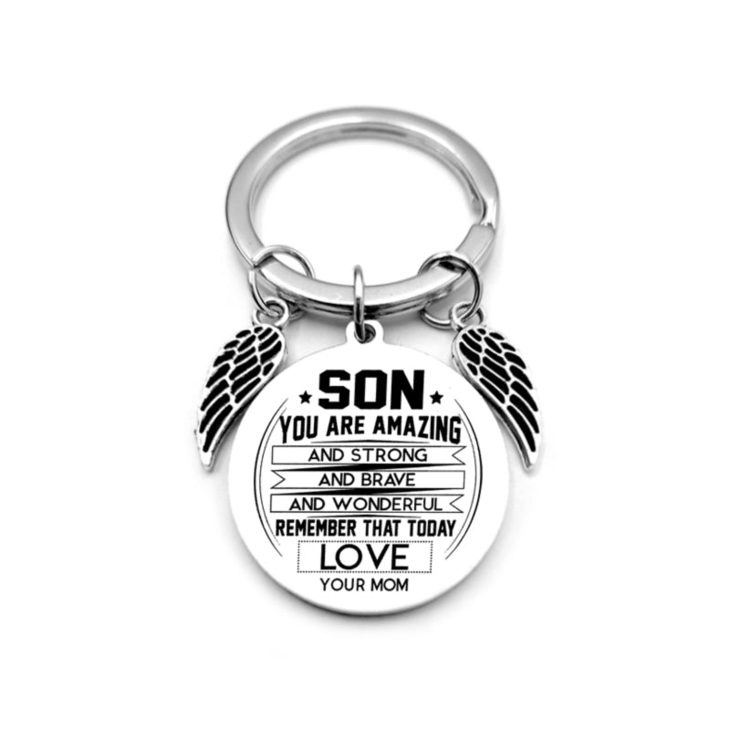 dad / mom "to my son" round inspirational keychain with angel wings 18