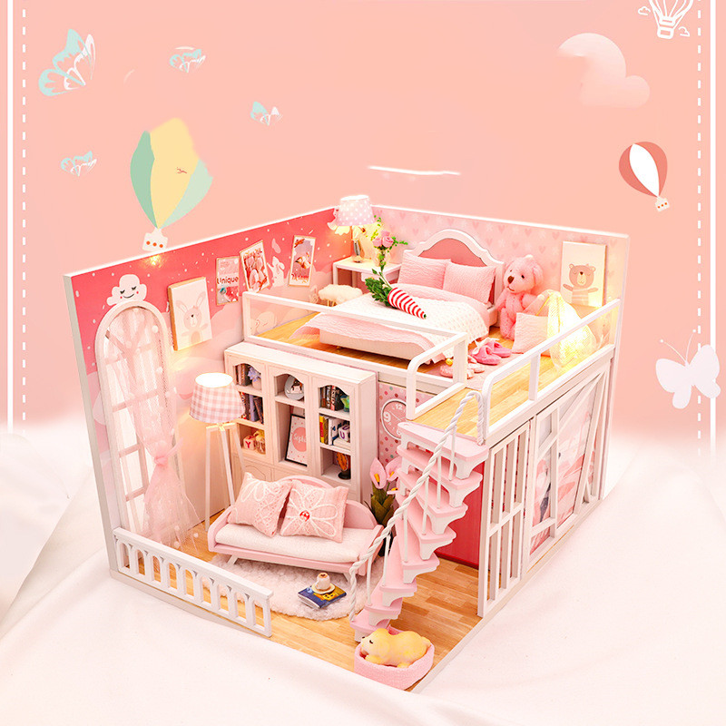 stable happiness hand-assembled romantic pink wooden dollhouse