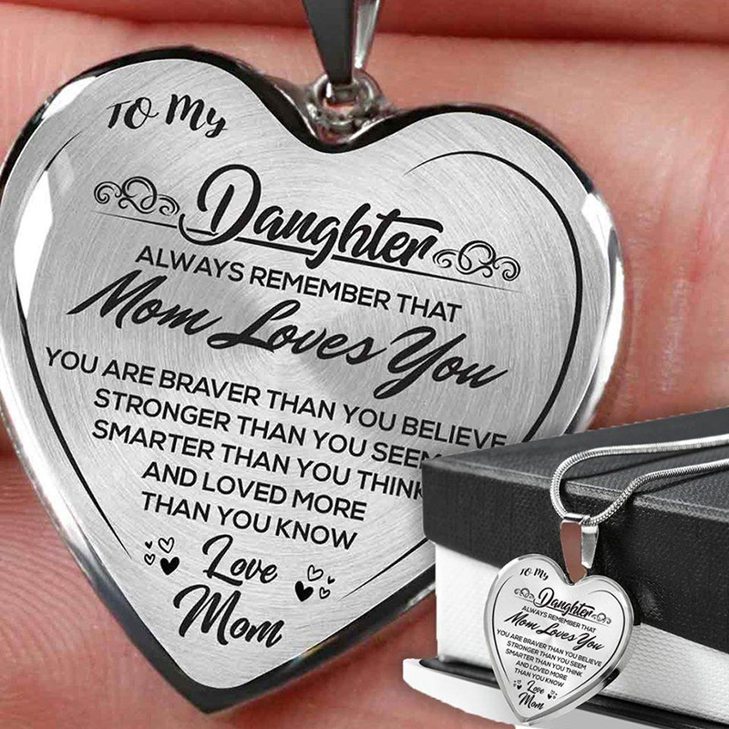 mom to daughter engraved "mom loves you" heart-shape epoxy necklace