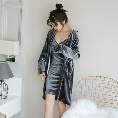 winter deluxe velvet long-sleeve robe & sling nightdress 2 pieces pajamas set