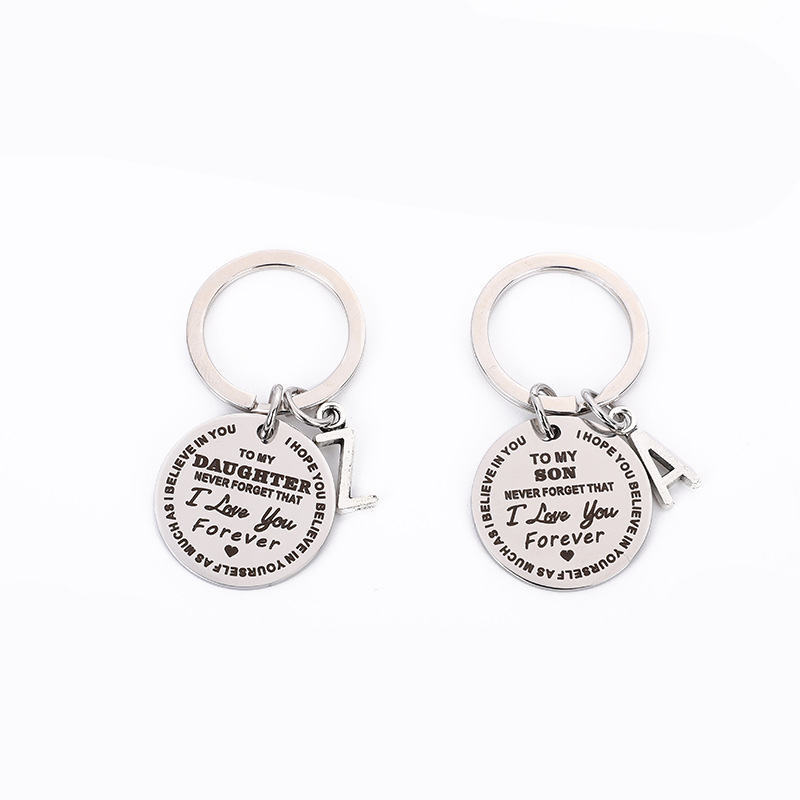 dad/mom "to my son" round stainless steel keychain with a alphabetic letter