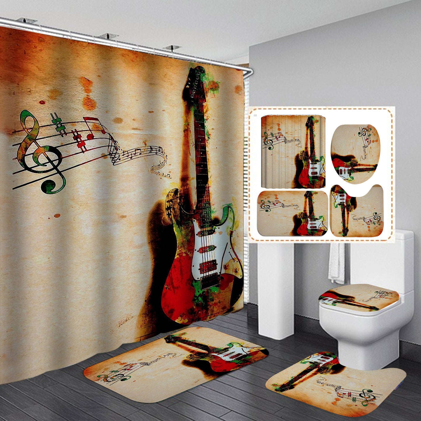 guitar theme bathroom mats & shower curtain 4-piece set