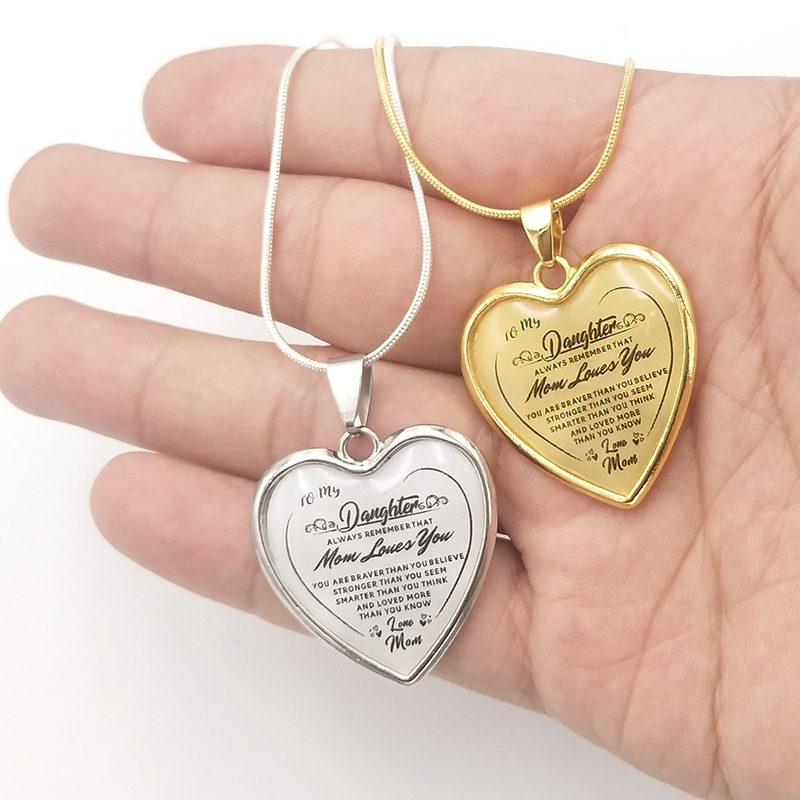 mom to daughter engraved "mom loves you" heart-shape epoxy necklace