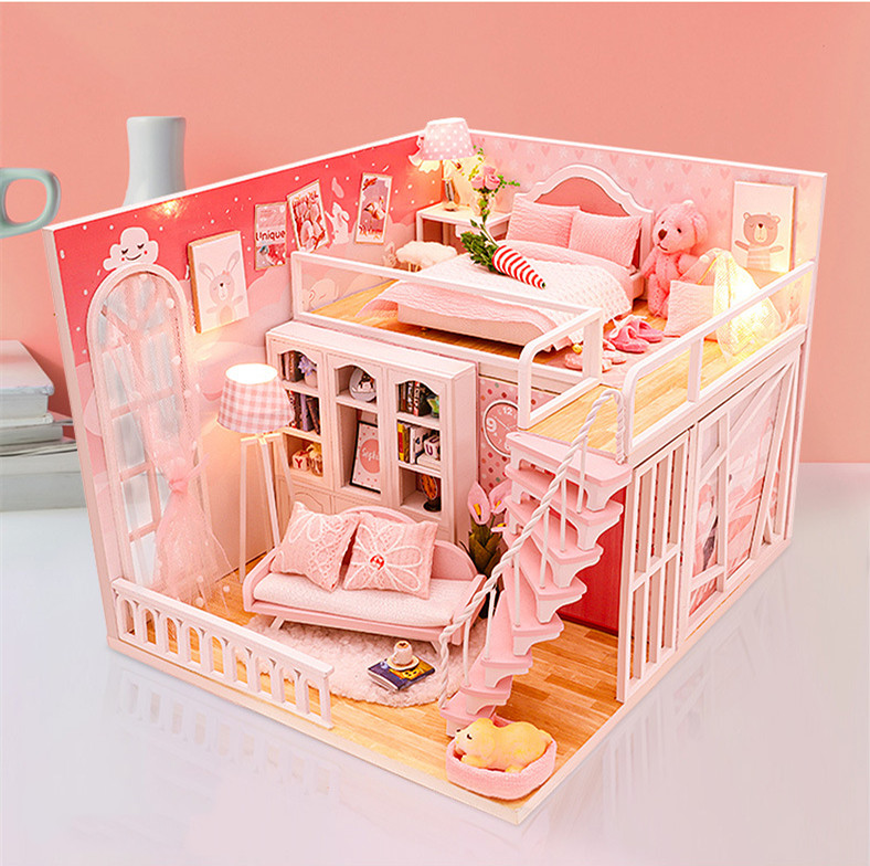 stable happiness hand-assembled romantic pink wooden dollhouse