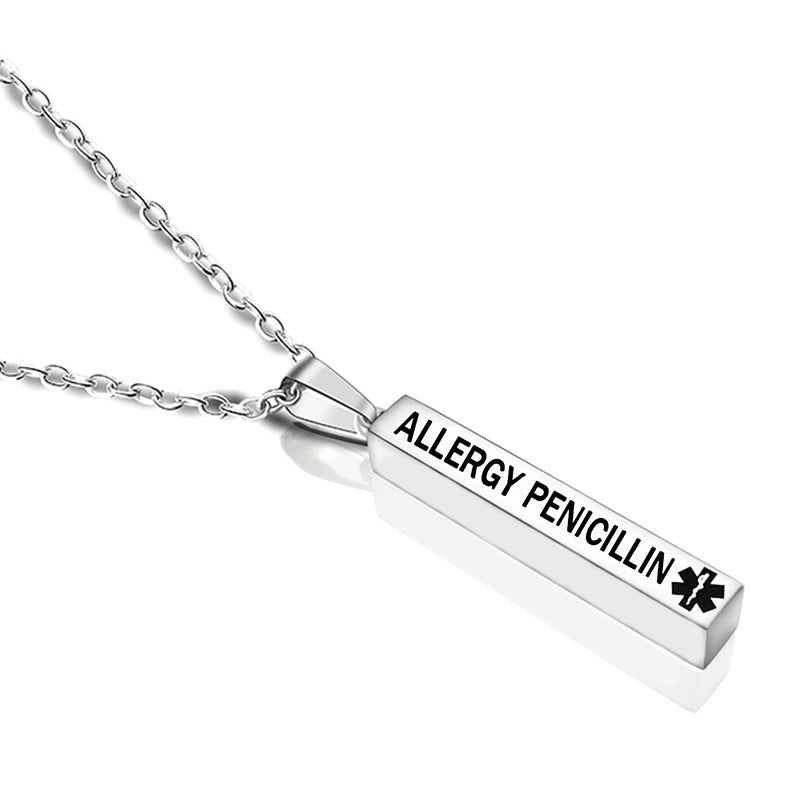 engraved medical alert stainless steel pillar pendant necklace