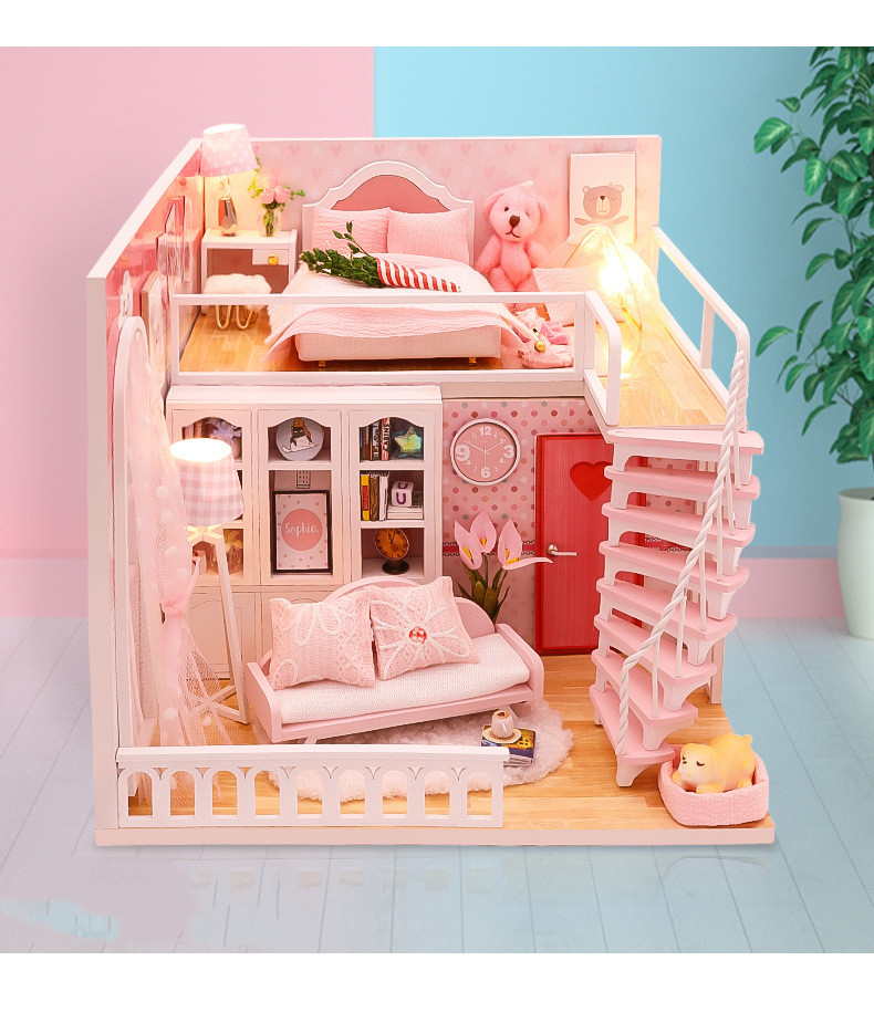 stable happiness hand-assembled romantic pink wooden dollhouse