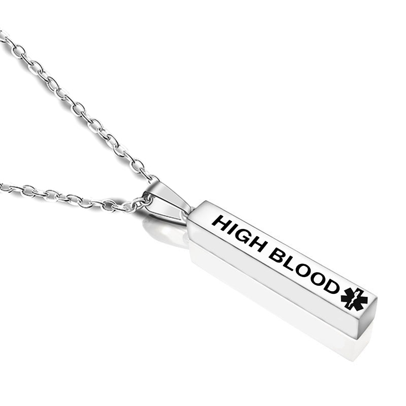 engraved medical alert stainless steel pillar pendant necklace high blood