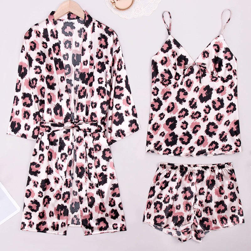 3-piece elastic fabric spandex satin robe and cami & shorts set (23 colors)