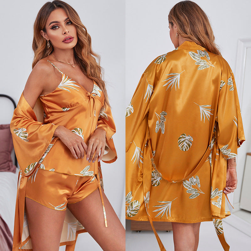 3-piece elastic fabric spandex satin robe and cami & shorts set (23 colors)