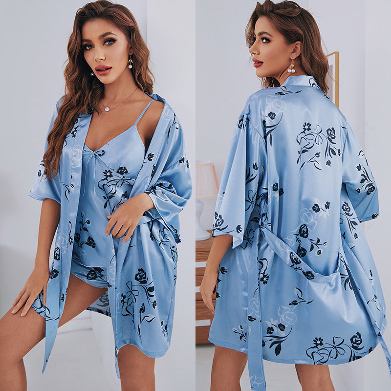 3-piece elastic fabric spandex satin robe and cami & shorts set (23 colors)