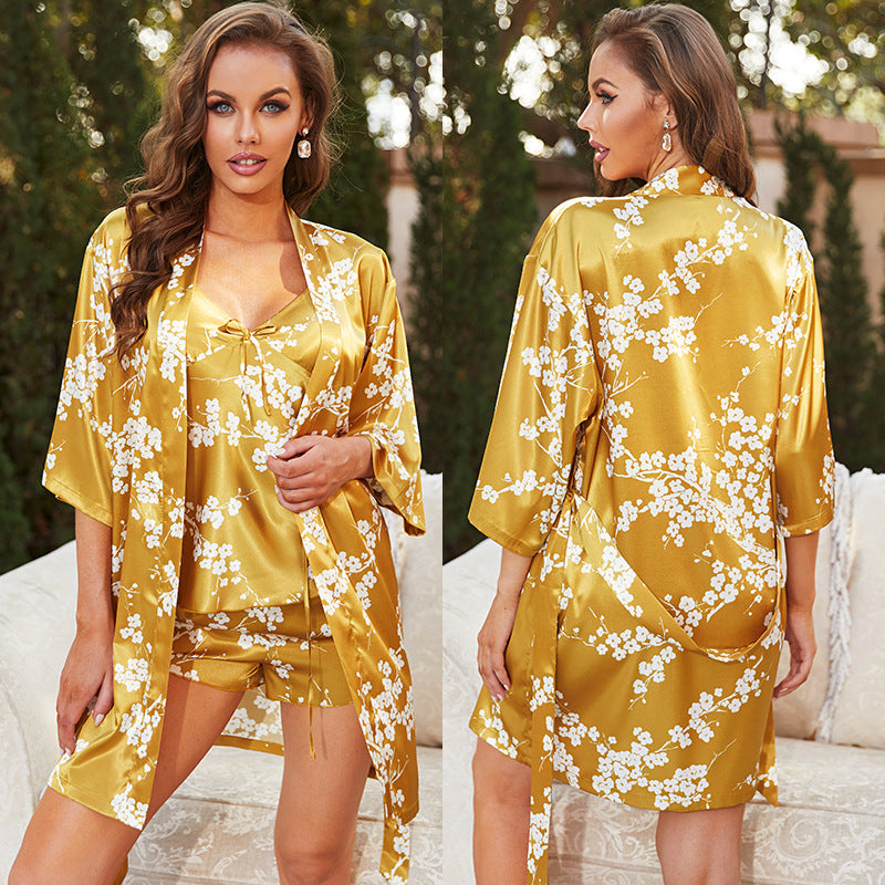 3-piece elastic fabric spandex satin robe and cami & shorts set (23 colors)