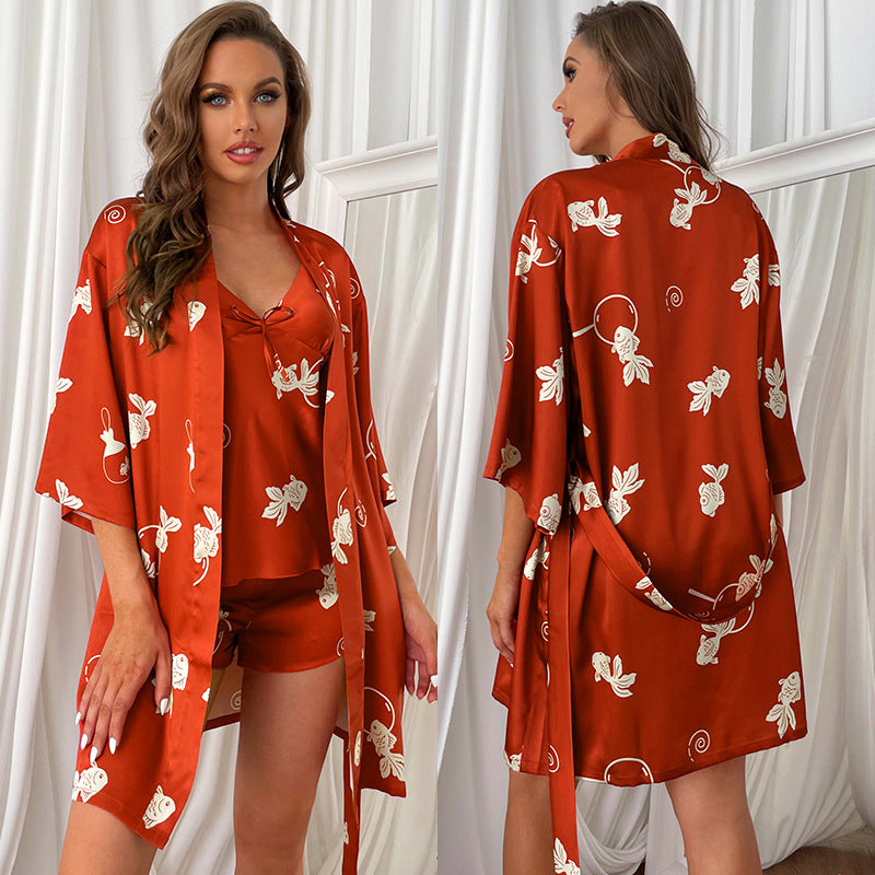 3-piece elastic fabric spandex satin robe and cami & shorts set (23 colors)