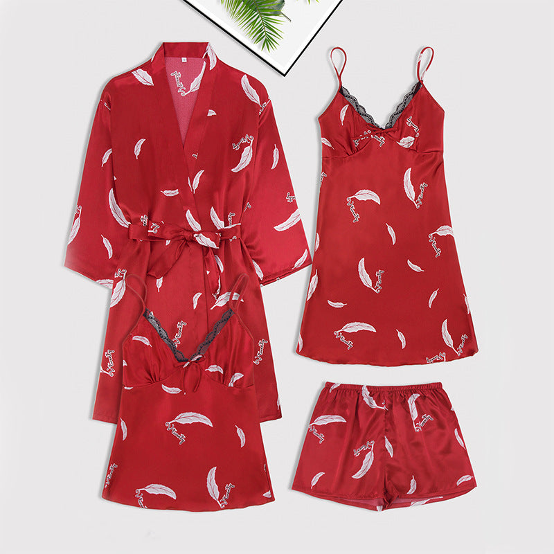 4pcs silk lace plant-pattern pajamas set (nightgowns, cami & shorts, robe)