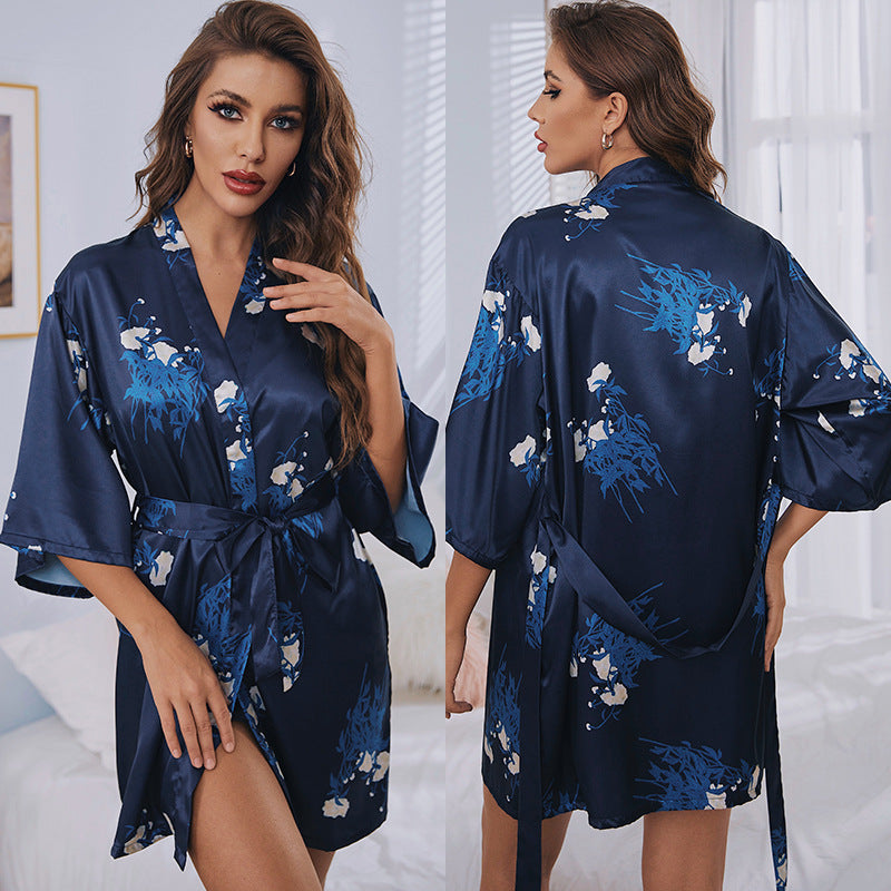 3-piece elastic fabric spandex satin robe and cami & shorts set (23 colors)