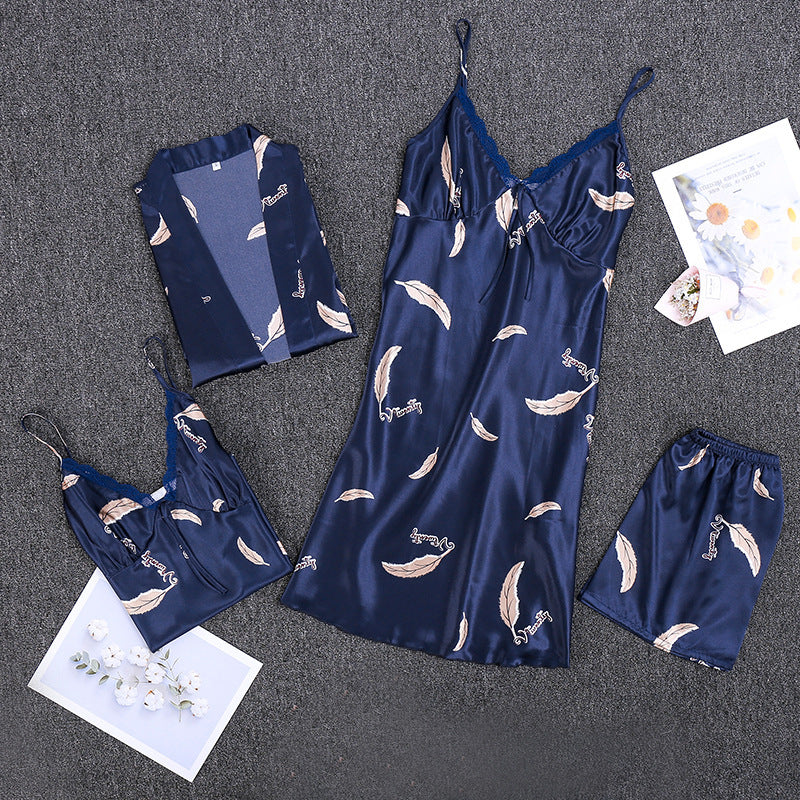 4pcs silk lace plant-pattern pajamas set (nightgowns, cami & shorts, robe)