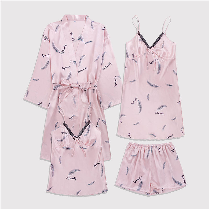 4pcs silk lace plant-pattern pajamas set (nightgowns, cami & shorts, robe)