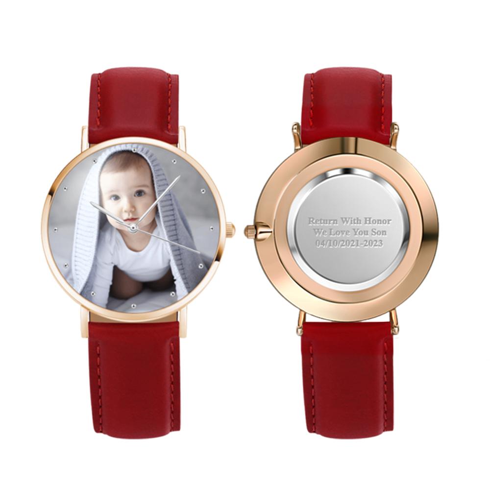 personalized 40mm photo watch with genuine leather strap (gift box included) red strap / rose gold
