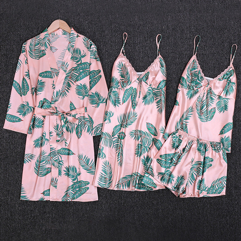 4pcs silk lace plant-pattern pajamas set (nightgowns, cami & shorts, robe)