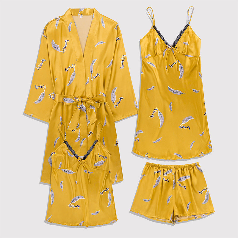 4pcs silk lace plant-pattern pajamas set (nightgowns, cami & shorts, robe)