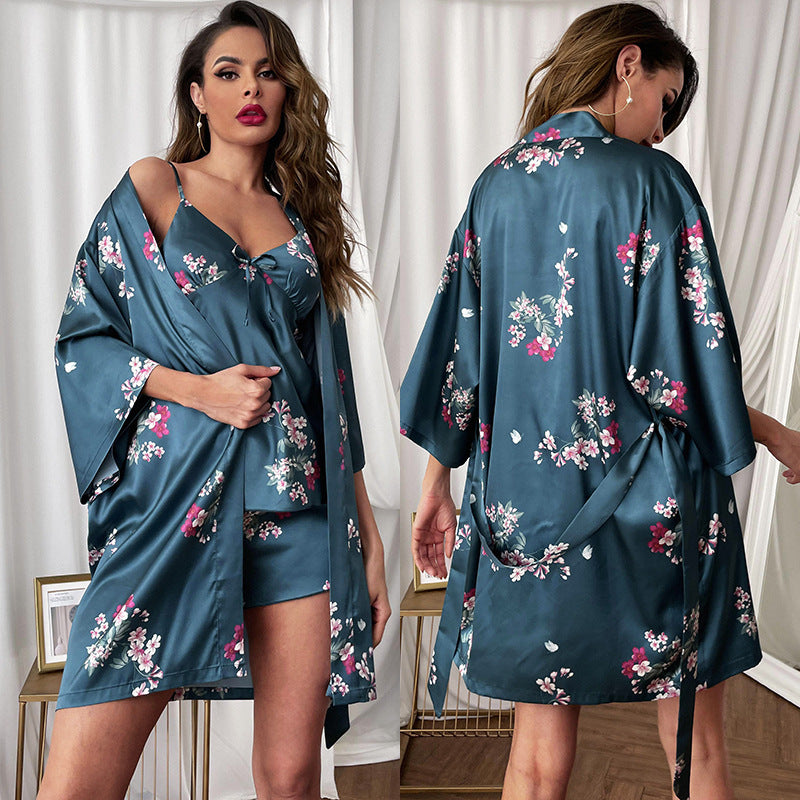 3-piece elastic fabric spandex satin robe and cami & shorts set (23 colors)