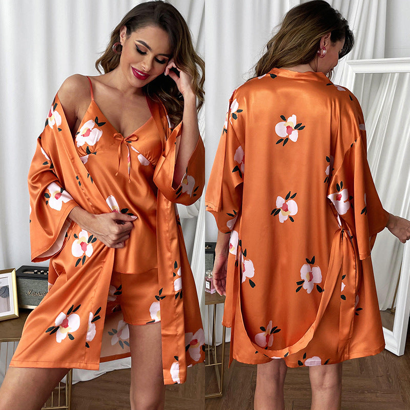 3-piece elastic fabric spandex satin robe and cami & shorts set (23 colors)