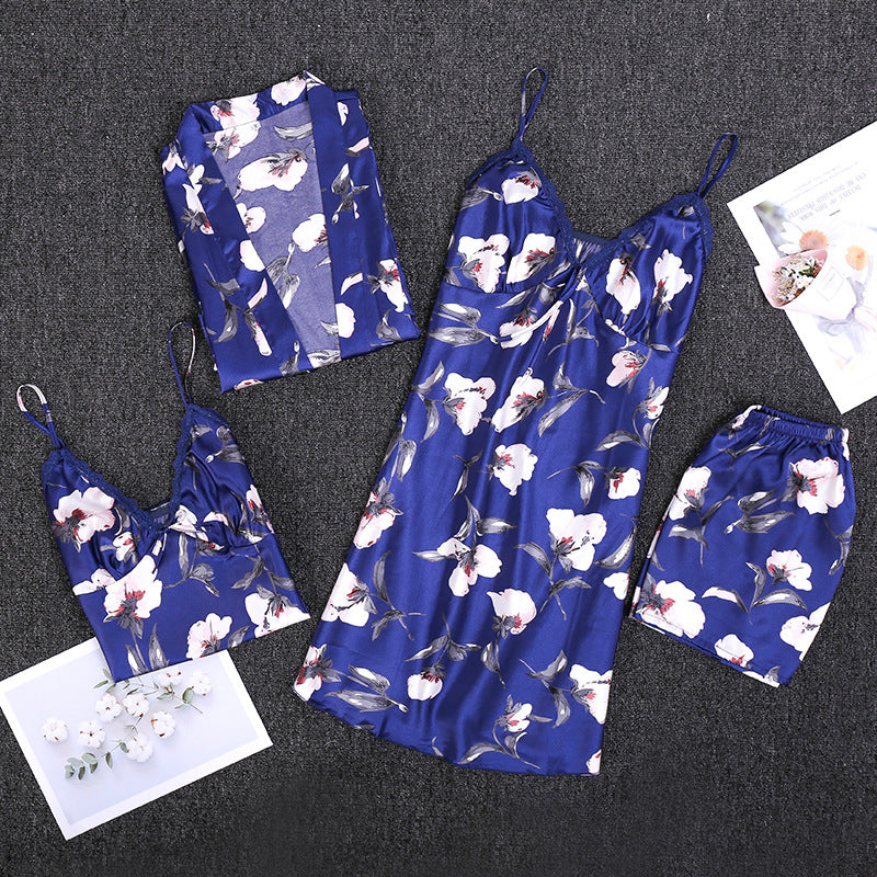 4pcs silk lace plant-pattern pajamas set (nightgowns, cami & shorts, robe)