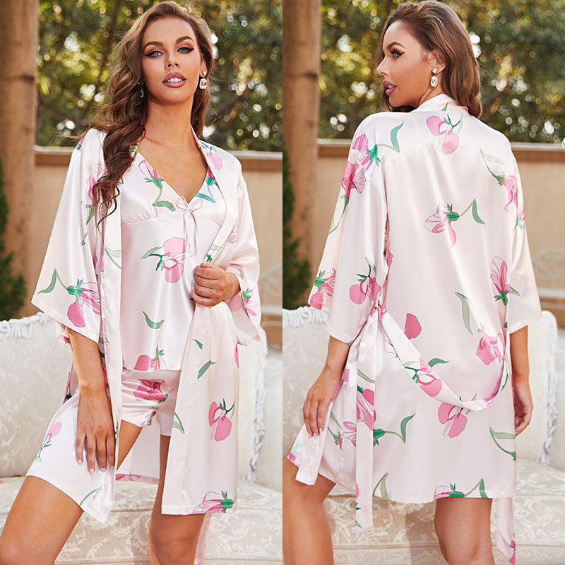 3-piece elastic fabric spandex satin robe and cami & shorts set (23 colors)