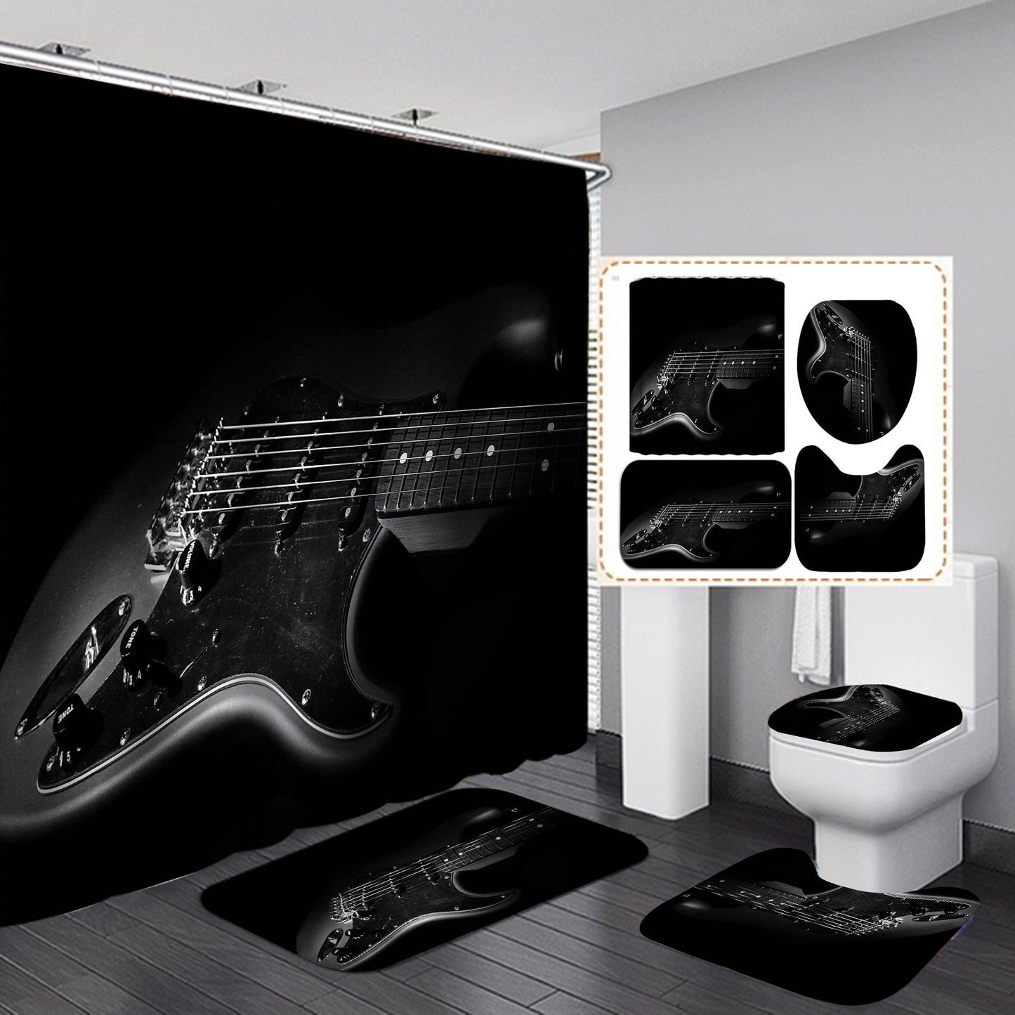 guitar theme bathroom mats & shower curtain 4-piece set