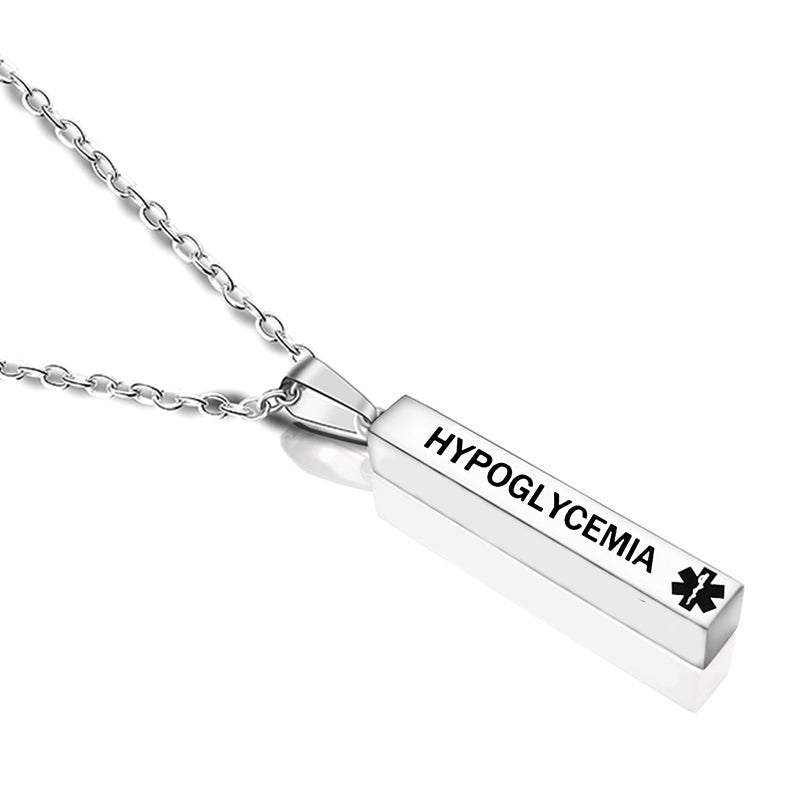 engraved medical alert stainless steel pillar pendant necklace hypoglycemia