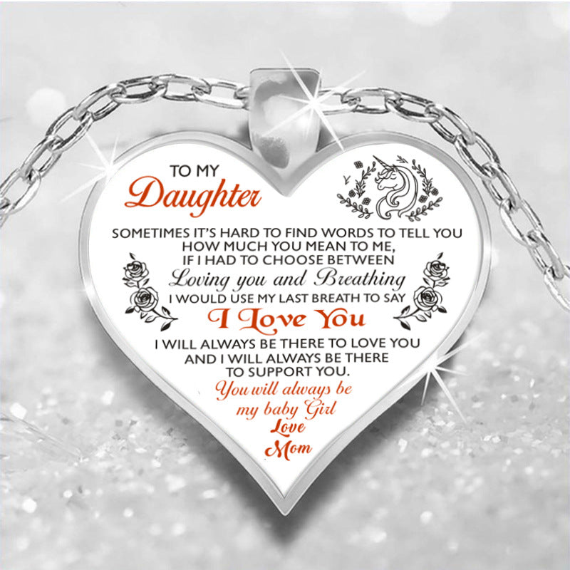 dad/mom "to my daughter" cute unicorn heart-shaped inspirational necklace to daughter fr. mom "i love you"