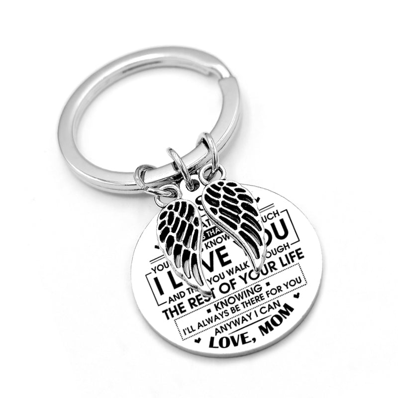 dad / mom "to my son" round inspirational keychain with angel wings