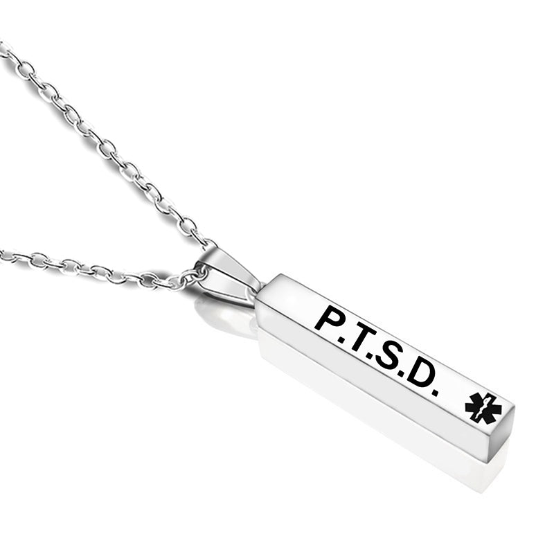 engraved medical alert stainless steel pillar pendant necklace p.t.s.d.